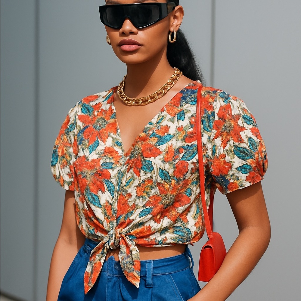 Rose Olive Womens Size M Short Sleeve Floral Buttonup Cropped Top - Picture 1 of 5